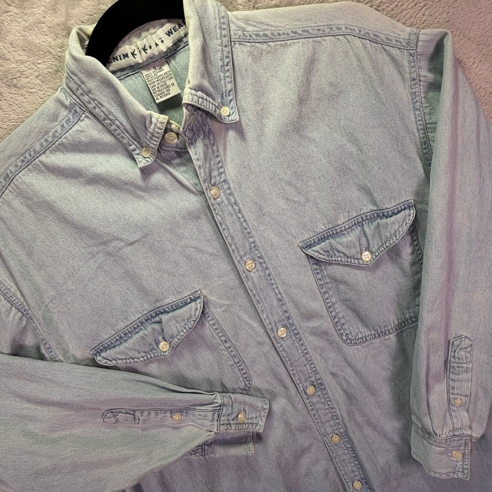 Vtg Denim Kikomo Wear Mens Shirt S Light Blue Vintage Button Down Flap Pockets